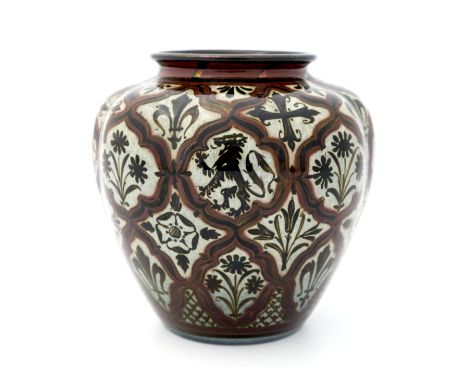 Richard Joyce for Pilkington, a Royal Lancastrian lustre vase, 1919, lobed shouldered form, painted with a trellis design of 