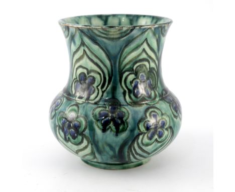 Liza Wilkins for Della Robbia, an art pottery vase, 1898, bulbous gourd form, painted with stylised flower heads and leaves i