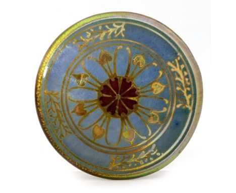 Jessie Jones for Pilkington, a small Royal Lancastrian lustre box and cover, 1907, circular, the lid painted with a rosette w