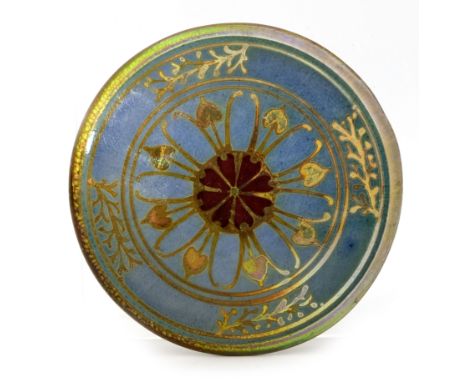 Jessie Jones for Pilkington, a small Royal Lancastrian lustre box and cover, 1907, circular, the lid painted with a rosette w