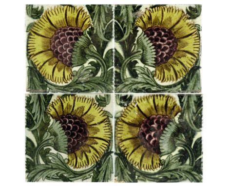 William De Morgan, four BBB tiles, circa 1885, two pairs forming a four tile panel, Merton Abbey marks, 15cm square (4)