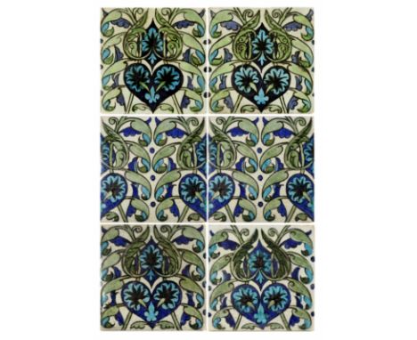 William De Morgan, a Persian foliate six tile panel, circa 1885, of two designs, four of one two of the other, De Morgan and 
