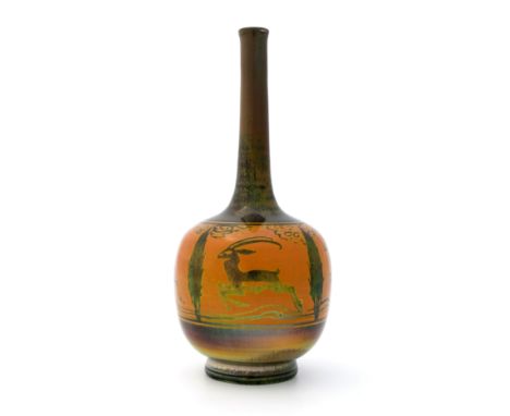 Gordon Forsyth for Pilkington, a Royal Lancastrian lustre vase, 1909, spherical bottle form, painted with an orange band of l