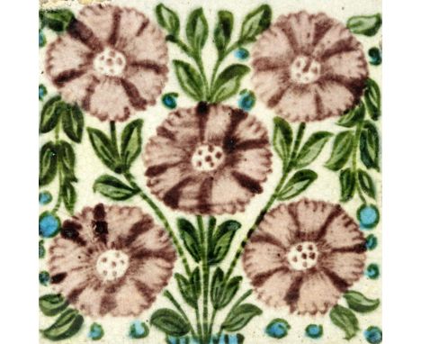 William De Morgan, a Bedford Park Anemone tile, circa 1885, Persian colours, Merton Abbey mark, 15cm square
