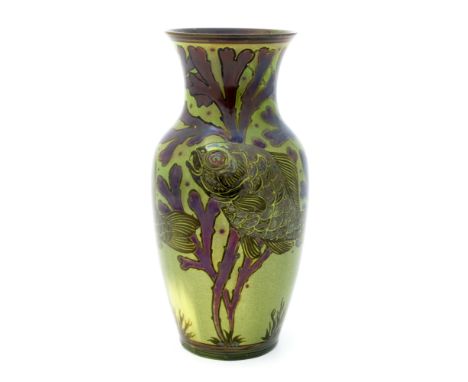 Richard Joyce for Pilkington, a Royal Lancastrian lustre fish vase, 1909, shouldered form with flared neck, painted with an a