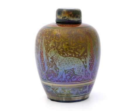 Richard Joyce for Pilkington, a Royal Lancastrian lustre ginger jar and cover, 1913, painted with panels of leopards in folia