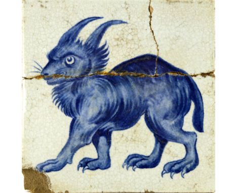 William De Morgan, a blue and white Lynx tile, 1898, painted with a horned beast, DM98 mark, 15cm square