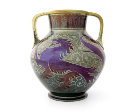 Gordon Forsyth for Pilkington, a large Royal Lancastrian twin handled heraldic lustre vase, 1908, shouldered bulbous form, pa