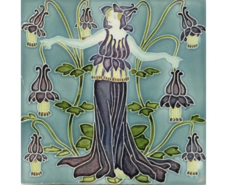 Walter Crane for Pilkington, a set of five Flora's Train tiles, dust pressed with maidens and various floral specimens, on tu