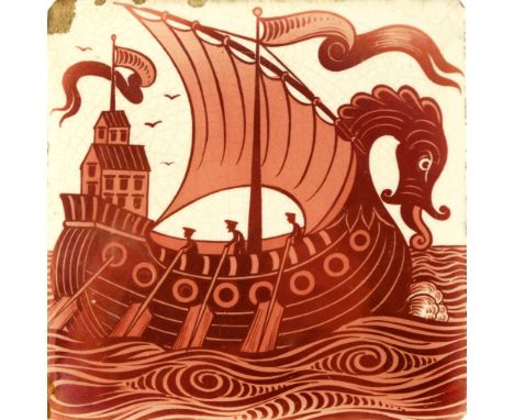 William De Morgan, a lustre galleon tile, circa 1890, painted with a single sail dragon boat ship, three oarsmen with oars, 1