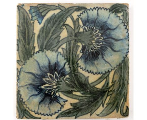 William De Morgan, a Double Carnation large tile, circa 1880, pale blue, apparently unmarked, 20cm square
