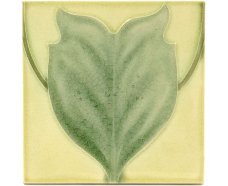 C F A Voysey for Pilkington, two Royal Lancastrian Tulip Tree tiles, circa 1900, both of the lower leaf panel, 15cm square (2