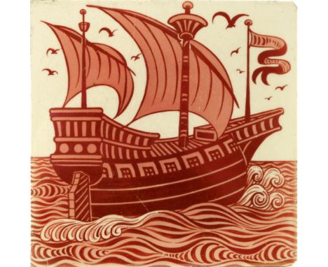 William De Morgan, a lustre galleon tile, circa 1890, painted with a two sail ship with flag and crows nest, on frothing wave