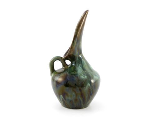 Christopher Dresser for Linthorpe, an art pottery Cycladic jug, circa 1880, shouldered gourd form with elongated vertical bea