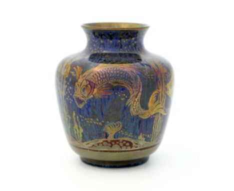 Richard Joyce for Pilkington, a small Royal Lancastrian lustre fish vase, 1924, shouldered ovoid form, painted with an aquati