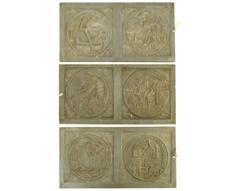 C F A Voysey for Pilkington, three double tile printing blocks for six tiles from The Labours, circa 1900, carved in lead, 35