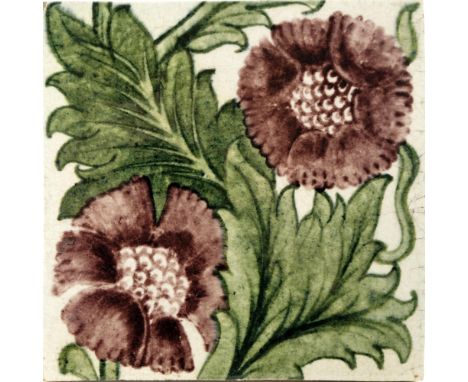 William De Morgan, a K L Rose tile, circa 1885, maroon and green, Merton Abbey mark, 15cm square
