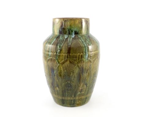 Christopher Dresser for Linthorpe, an art pottery vase, circa 1880, shouldered form, incised with an Aesthetic Movement band 