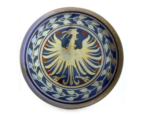 Jessie Jones for Pilkington, a Royal Lancastrian lustre box and cover, 1907, circular, the lid painted with a spread eagle or