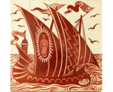 William De Morgan, a lustre galleon tile, circa 1890, painted with a two sail Grecian style ship, geometric sails with figura