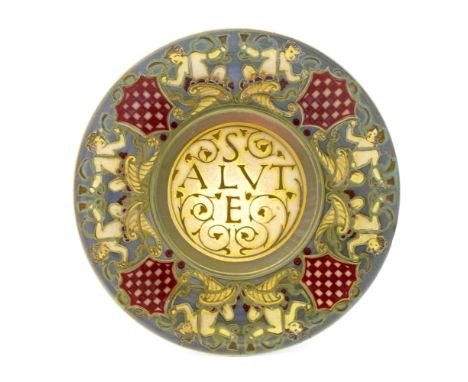 Gordon Forsyth for Pilkington, a Royal Lancastrian lustre exhibition plaque, 1908, circular, painted with lettering Salute, w