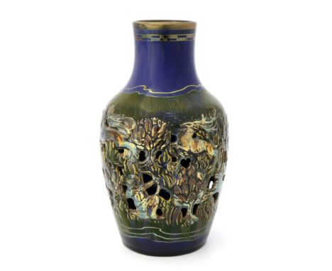 Gordon Forsyth for Pilkington, a Royal Lancastrian reticulated and relief moulded lustre vase, 1913, shouldered form, the out