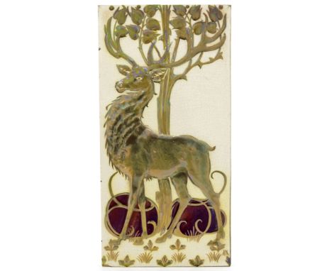 Albert Hall for Pilkington, a Royal Lancastrian relief moulded lustre tile, circa 1908, decorated with a stag standing infron