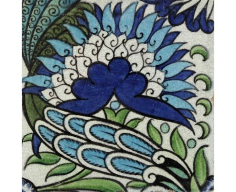 William De Morgan, a Mongolian four tile panel, circa 1885, in Persian colours, impressed Merton Abbey marks, each 15cm squar