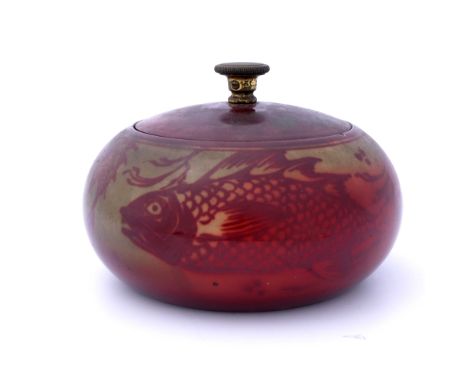 Bernard Moore, a flambe aquatic tobacco jar, squat ovoid form, painted with fish and seaweed, brass finial, painted marks, 16