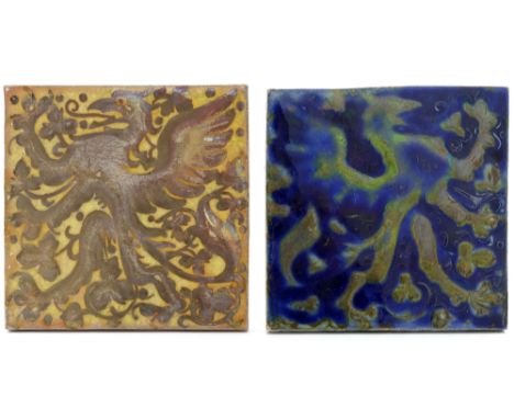 J H Sellers for Pilkington, two Royal Lancastrian relief moulded heraldic lustre tiles, painted with a griffin to each facing