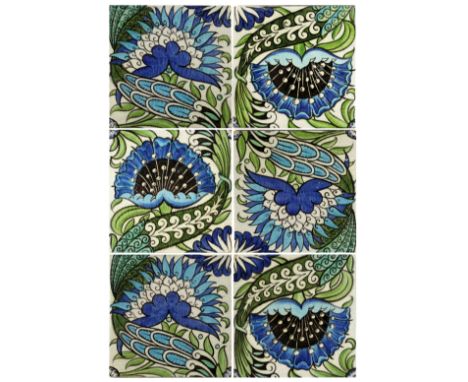 William De Morgan, a Mongolian six tile panel, circa 1885, in Persian colours, impressed Merton Abbey marks, each 15cm square