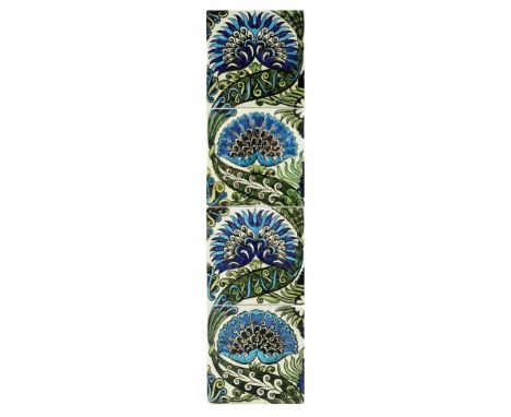 William De Morgan, a Mongolian variation four tile panel, circa 1890, in Persian colours, impressed Sands End Pottery marks, 