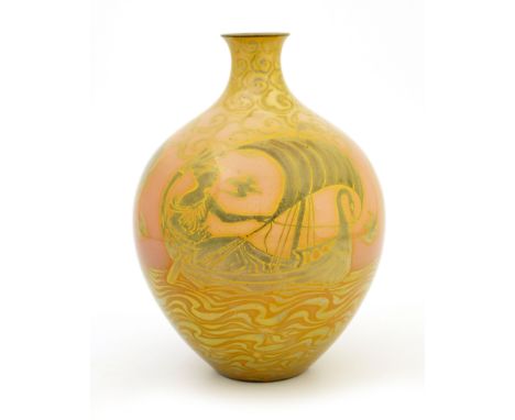 Walter Crane and Richard Joyce for Pilkington, a Royal Lancastrian lustre Sea Maiden or Swan vase, 1907, spherical bottle for