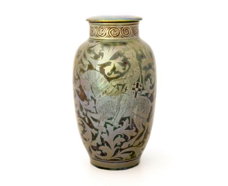 Richard Joyce for Pilkington, a Royal Lancastrian lustre heraldic vase and cover, 1914,shouldered ovoid form, painted with ar