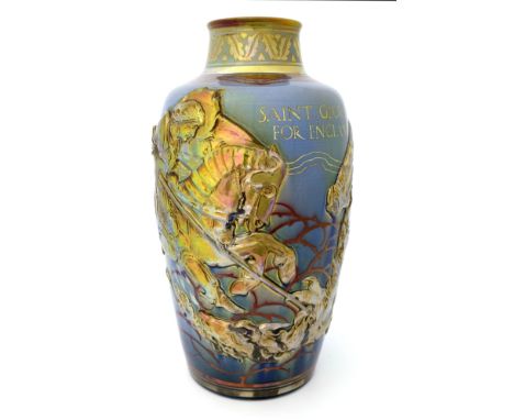 Gordon Forsyth for Pilkington, a large Royal Lancastrian relief moulded lustre St George vase, 1908, shouldered form, modelle