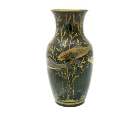 Richard Joyce for Pilkington, a Royal Lancastrian lustre fish vase, 1917, shouldered form with flared neck, painted with an a