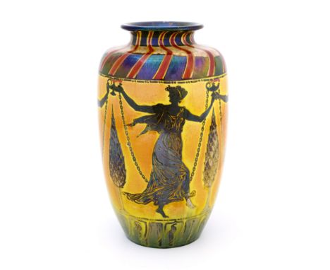 Walter Crane and Richard Joyce for Pilkington, a Royal Lancastrian lustre Figures Striped vase, 1913, shouldered form, painte