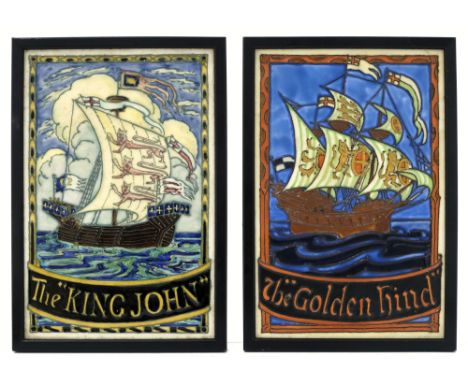 Edmund Kent for Pilkington, two Royal Lancastrian tubelined galleon tiles, The King John and The Golden Hind, unsigned, 22cm 