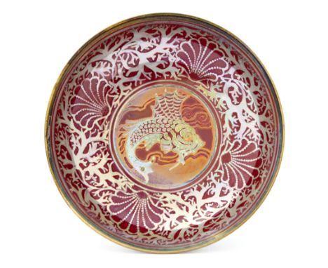 Gwladys Rodgers for Pilkington, a Royal Lancastrian lustre bowl, 1907, rounded and footed form, painted with a central fish w