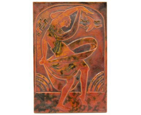 Pilkington, a Royal Lancastrian relief moulded orange vermilion type glazed tile, circa 1930, modelled with a dancing woman, 