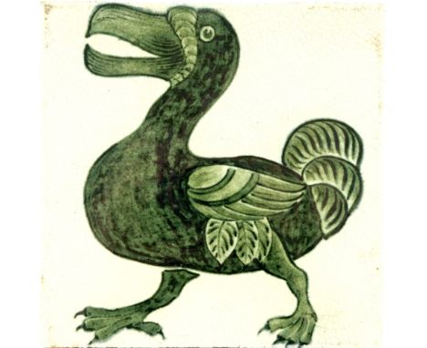 William De Morgan, a green and white Dodo tile, 1898, painted with an open beaked bird, DM98 mark, 15cm square