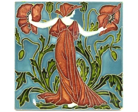 Walter Crane for Pilkington, a Flora's Train poppy tile, circa 1900, red, green and teal, 15cm square