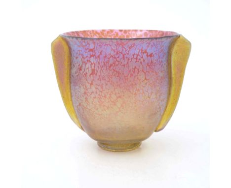 Loetz, an Art Deco iridescent glass vase, Ruby Papillon, twin handled ogee bucket form on pad foot, 16cm high