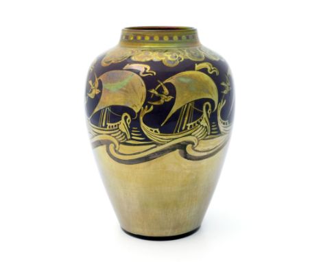 William S Mycock for Pilkington, a Royal Lancastrian lustre galleon vase, 1932, shouldered ovoid form, painted with six swan 