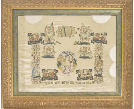 18th century embroidered and stump work picture, depicting a central portrait of a lady holding a mirror with a large house b