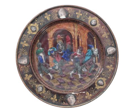 Limoges enamel circular plate in the style of Pierre Reymond, decorated with an interior scene of people fleeing within a gil