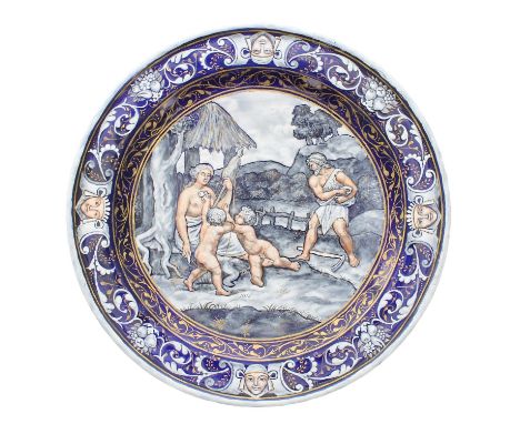 Limoges circular enamel plate in the style of&nbsp; the style of Pierre Reymond, depicting a classical scene with cherubs wit