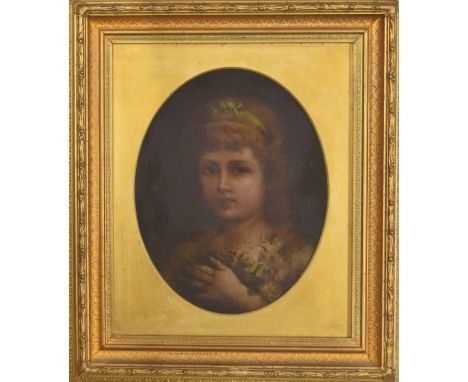 English School (19th century) - a portrait of a small girl, head and shoulders wearing a cream dress, a green ribbon in her h