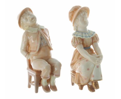 Two Royal Worcester blush ivory porcelain figures, modelled as a seated sleeping boy and seated girl, factory stamps to the u