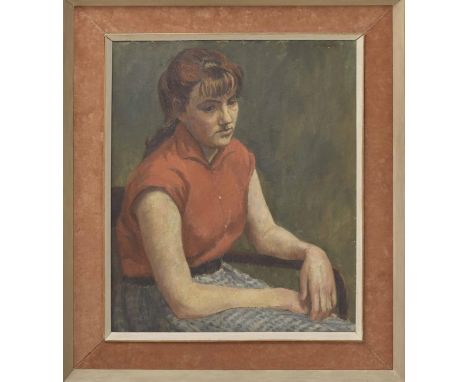 Rachel Ann Le Bas NEAC, RE (1923-2020) - portrait of a girl seated wearing a red short sleeved shirt, and patterned dress, oi